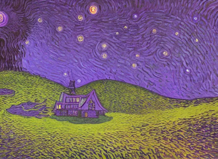 Prompt: detailed painting of a mysterious house inside a giant purple mushroom, mystical dark purple landscape at night, dark purple sky, blue bioluminescent life, in the style of moebius and studio ghibli and vincent van gogh and claude monet