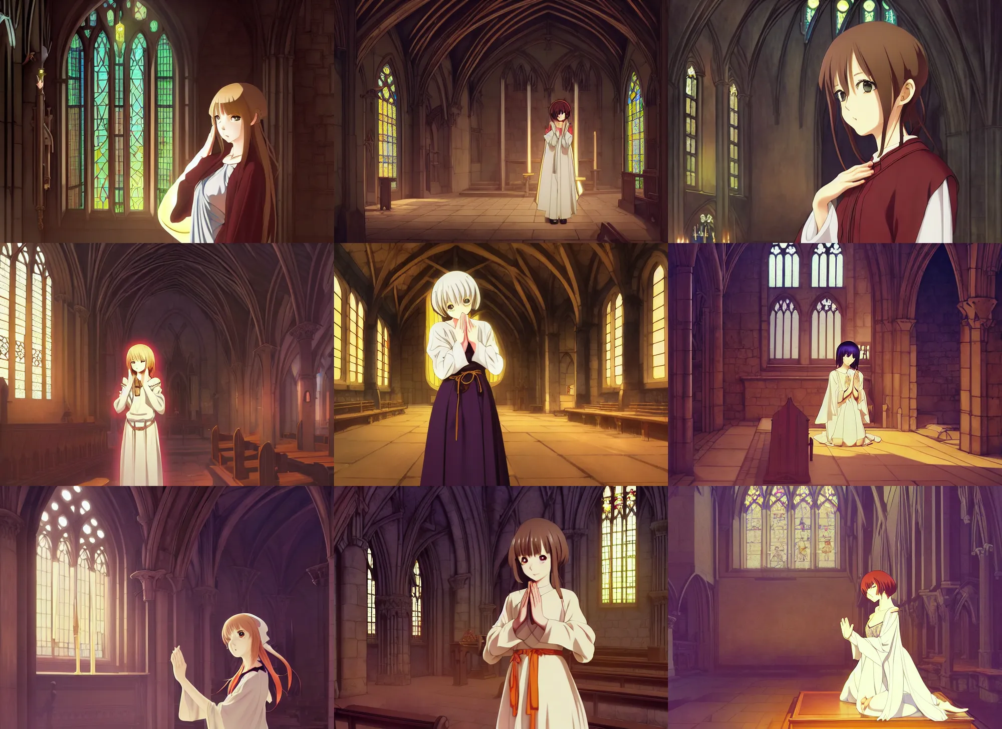 Prompt: anime visual, portrait of a young fantasy priestess praying a medieval church interior, very low light, cute face by ilya kuvshinov, yoh yoshinari, makoto shinkai, dynamic pose, dynamic perspective, anime cel, anime still image, flat cel shading mucha, rounded eyes, crisp smooth clean lines, dramatic