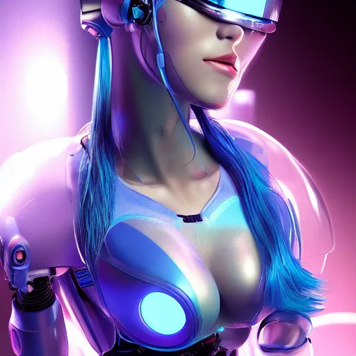 Image similar to a beautiful woman with blue hair wearing robot suit with wires and light, highly detailed, photorealistic, artstation, smooth