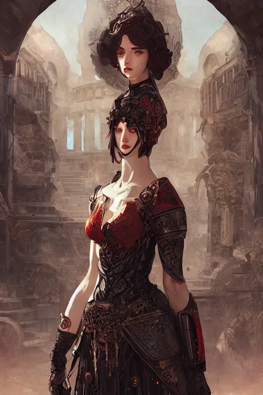 Image similar to portrait knights of Zodiac girl, metallic black and reddish reflected armor, in ruined Agora of Athens, ssci-fi, fantasy, intricate, very very beautiful, elegant, highly detailed, digital painting, artstation, concept art, smooth, sharp focus, illustration, art by WLOP and tian zi and alphonse mucha