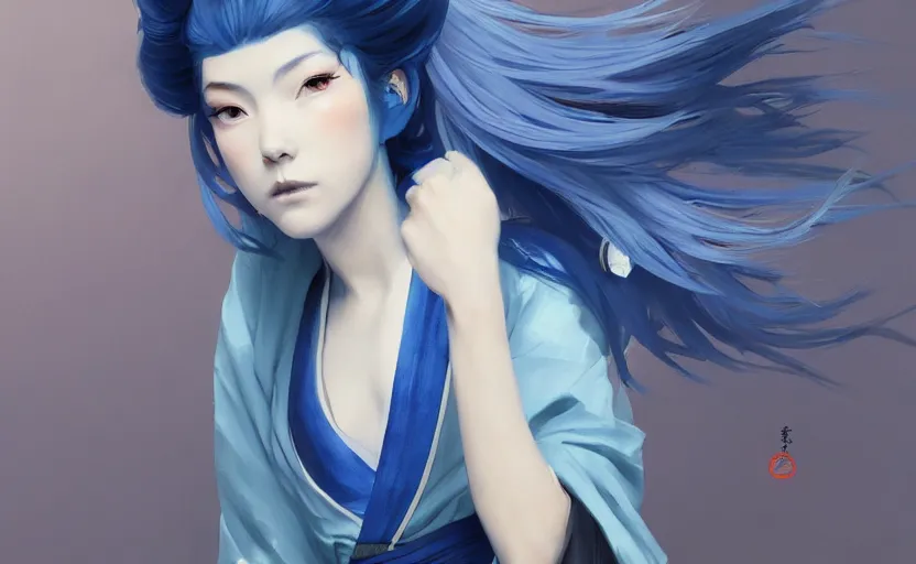 Prompt: a painting of a beautiful blue haired japanese woman in a kimono trending on artstation in the style of greg rutkowski