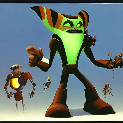 Image similar to ralph mcquarrie concept art for ratchet & clank