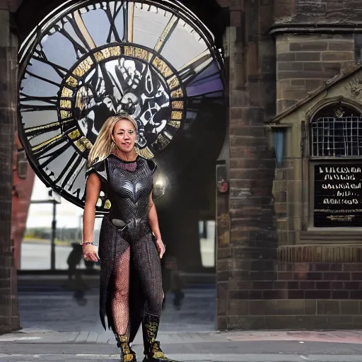 Image similar to A detailed photo of Kaley Cuoco under the Eastgate clock in Chester. Behind her we see a black panther