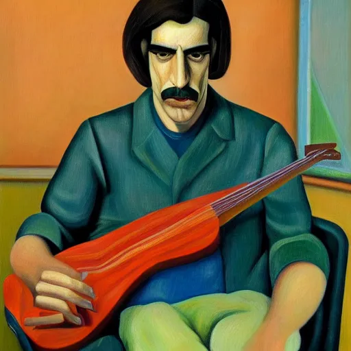 Prompt: robotic frank zappa portrait, long hair, grant wood, pj crook, edward hopper, oil on canvas