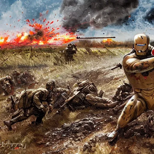 Image similar to ironman shooting machine guns against nazi germany on the bloody muddy battlefield of world war painted by wlop