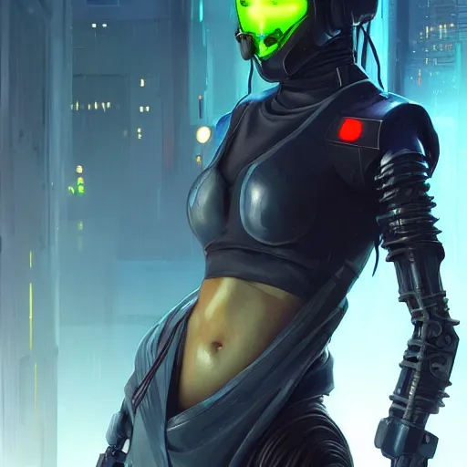 Image similar to movie still of stylized cybernetic ninja - cyberpunk girl, wearing techwear and armor, complementary colors, beautiful realistic face, highly detailed, artstation, concept art, smooth, sharp focus, illustration, art by artgerm, by greg rutkowski, by jeremy mann, by francoise nielly, oil painting