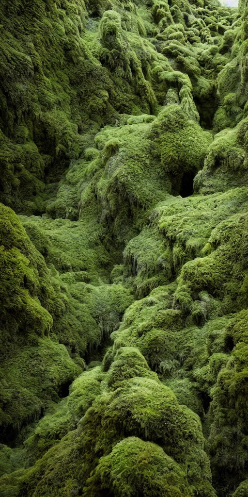 Image similar to a fertile, lush mossy canyon, minimalist structure, covered in ice, in the style of reuben wu, roger deakins