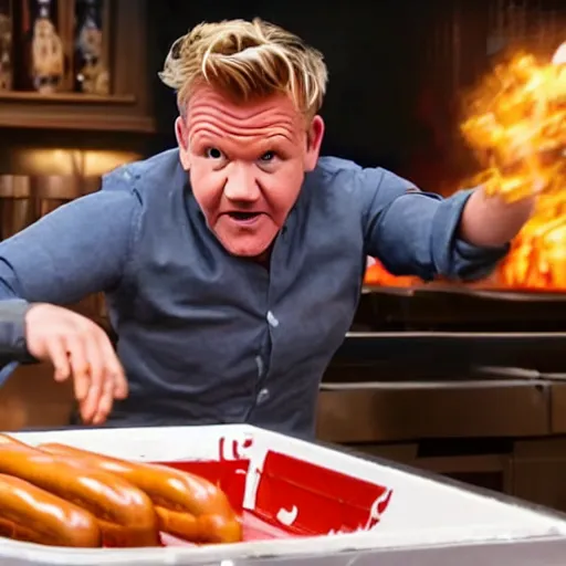 Image similar to a film still of gordon ramsay selling hotdogs in a new movie, 4 k