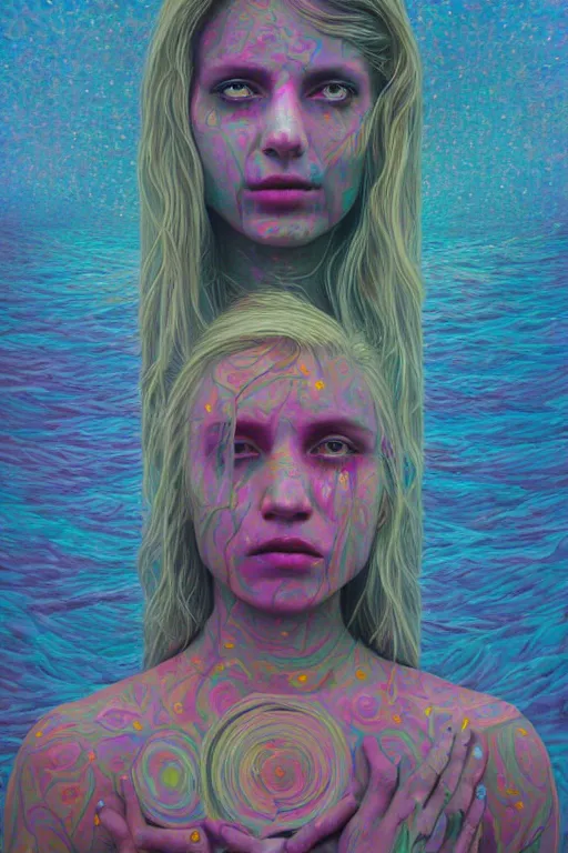 Prompt: acid tripping midsommer girl third eye open, chakra energy waves resonating from her body, ethereal aura, epic surrealism 8k oil painting, portrait, perspective, high definition, post modernist layering, by Sean Yoro, Casey Weldon