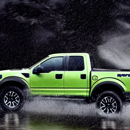 Image similar to a hyper realistic photo of the driver side of a ford raptor in a rainstorm