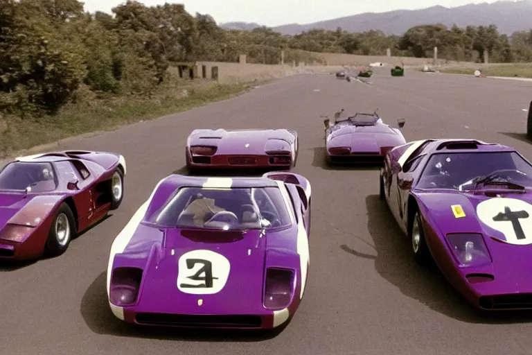 Image similar to vintage archival race footage of a single, purple, 1965 Ferrari F40, with elements of the De Tomaso Pantera, Lotus, GT40, BMW M1, and Countach, movie still, speed, cinematic Panavision 5384 film