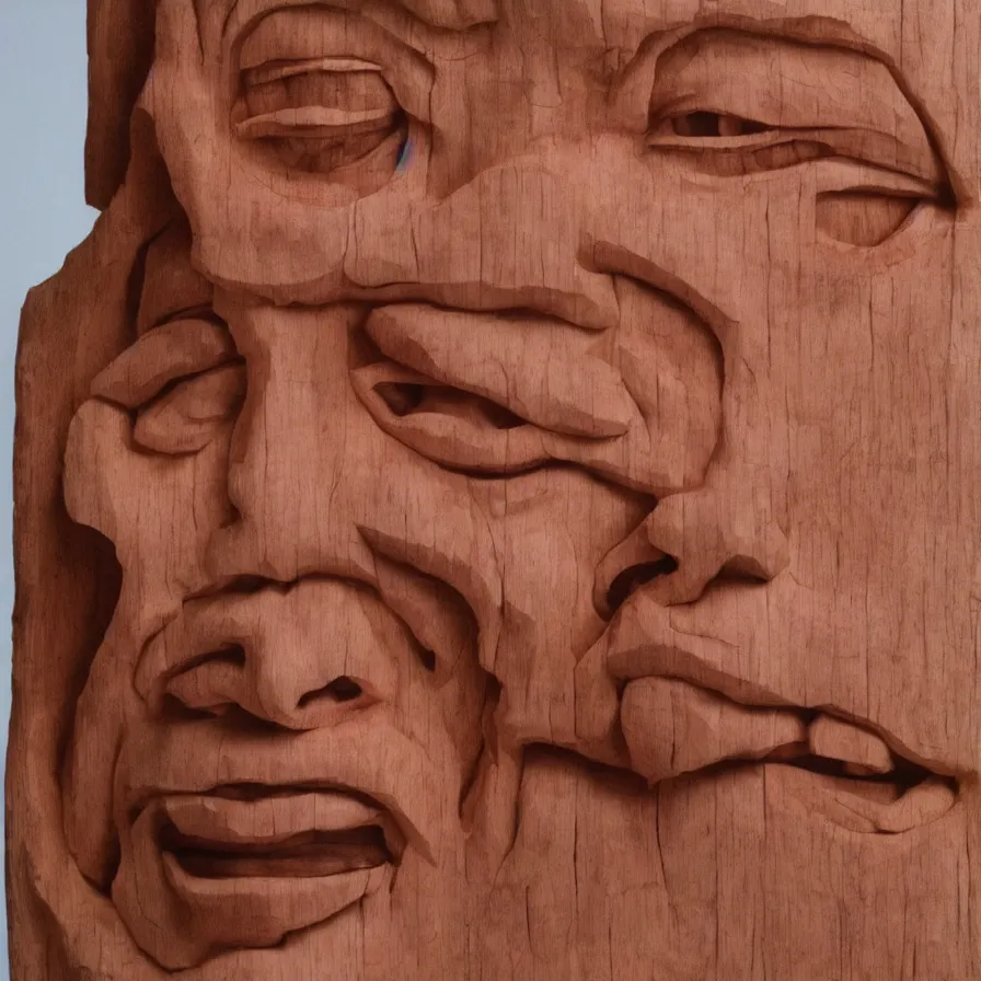 Image similar to hyperrealistic sculpture portrait of a stern woman's face carved out of a block of red cedar wood on a pedestal by duane hanson and donald judd, hyperrealistic dramatic colored lighting trending on artstation 8 k