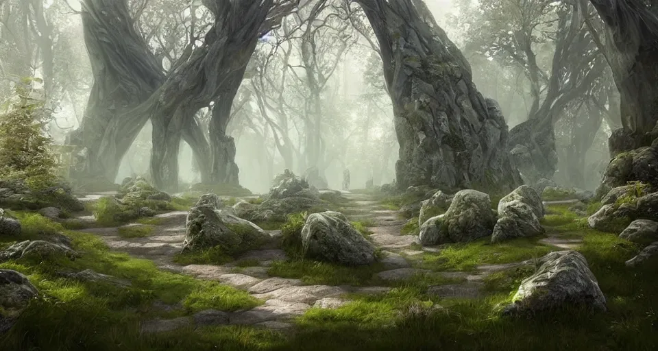 Image similar to Beautiful uplifting glade bg. Elven stone monuments along the pathway. J.R.R. Tolkien's Middle-Earth. Trending on Artstation. Digital illustration. Artwork by Darek Zabrocki and Sylvain Sarrailh. Concept art, Concept Design, Illustration, Marketing Illustration, 3ds Max, Blender, Keyshot, Unreal Engine, ZBrush, 3DCoat, World Machine, SpeedTree, 3D Modelling, Digital Painting, Matte Painting, Character Design, Environment Design, Game Design, After Effects, Maya, Photoshop.