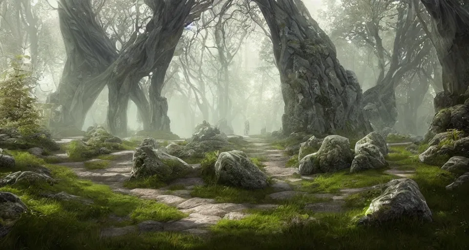 Prompt: Beautiful uplifting glade bg. Elven stone monuments along the pathway. J.R.R. Tolkien's Middle-Earth. Trending on Artstation. Digital illustration. Artwork by Darek Zabrocki and Sylvain Sarrailh. Concept art, Concept Design, Illustration, Marketing Illustration, 3ds Max, Blender, Keyshot, Unreal Engine, ZBrush, 3DCoat, World Machine, SpeedTree, 3D Modelling, Digital Painting, Matte Painting, Character Design, Environment Design, Game Design, After Effects, Maya, Photoshop.