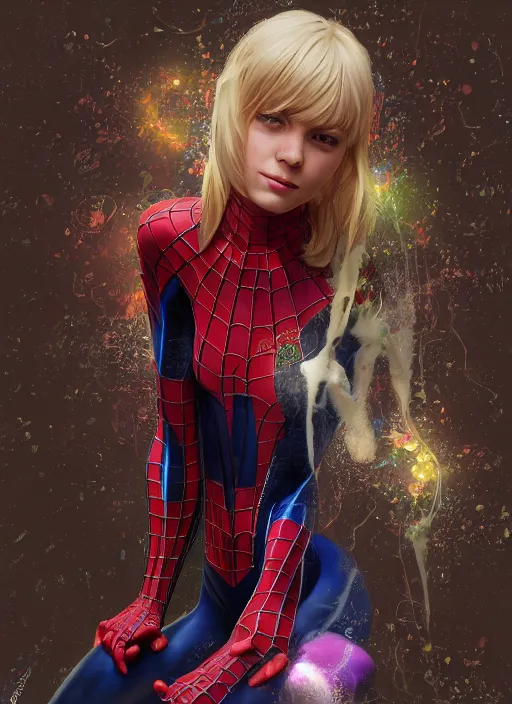 Image similar to gwen stacy spiderman, naturel, hyper detailed, digital art, trending in artstation, cinematic lighting, studio quality, smooth render, unreal engine 5 rendered, octane rendered, art style by klimt and nixeu and ian sprigger and wlop and krenz cushart