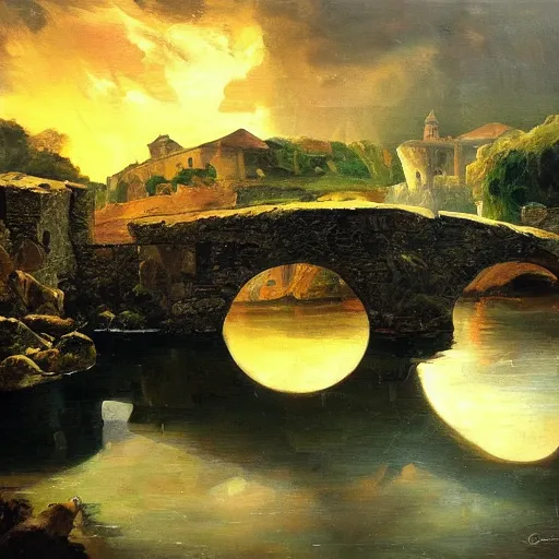 Image similar to modern stylized oil painting of medieval stone bridge, very very very beautiful, funny structure, romanticism by goya, bright art, cinematic dramatic lighting, plants and water