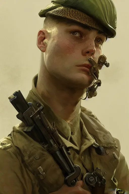 Image similar to A full portrait of a world war two soldier, intricate, elegant, highly detailed, digital painting, artstation, concept art, smooth, sharp focus, illustration, art by Krenz Cushart and Artem Demura and alphonse mucha