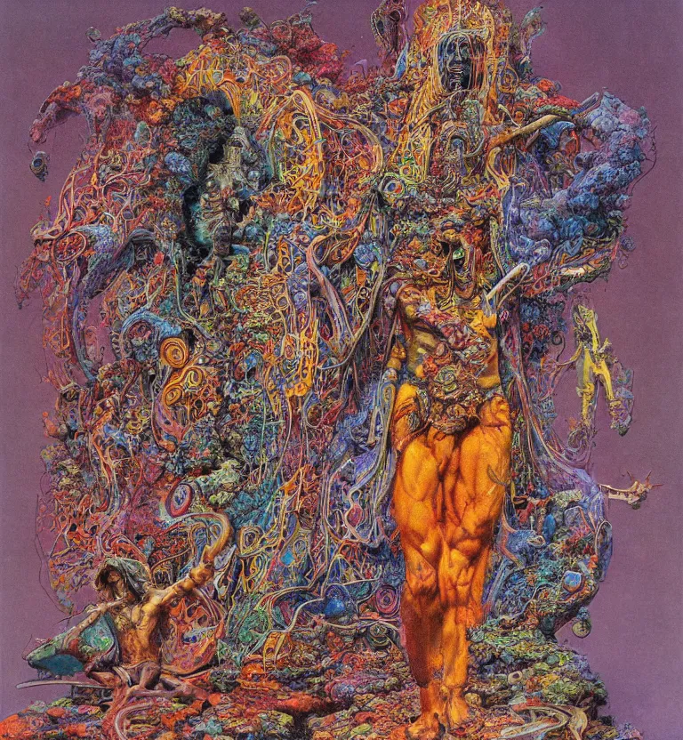 Image similar to colourful biomorphic temple, jimi hendrix full body, by moebius and giger and james jean and beksinski, 8 k