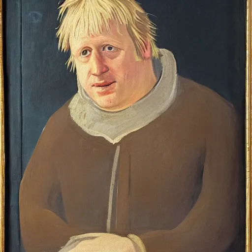 Prompt: boris johnson as a peasant from 1 2 th century england, exhibited in the british museum, oil on canvas, art, restored painting