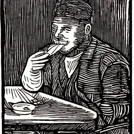 Image similar to woodcut of a bored man eating bland breakfast