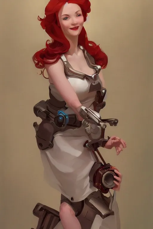 Image similar to concept art of curvacious redhead cyborg woman softly smiling at camera wearing 🩳 and 👕 illustration by sargent and leyendecker, studio ghibli, fantasy, medium shot, asymmetrical, intricate, elegant, matte painting, illustration, hearthstone, by rhads by greg rutkowski, by greg tocchini, by james gilleard, by joe fenton