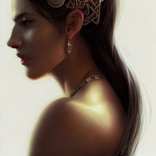 Image similar to portrait of a confident goddess, in modern era, upper body, D&D, intricate, cinematic lighting, highly detailed, digital painting, artstation, concept art, smooth, sharp focus, illustration, art by Artgerm and Greg Rutkowski