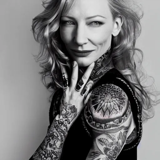 Image similar to full body tattooed cate blanchett, nose ring, 4k