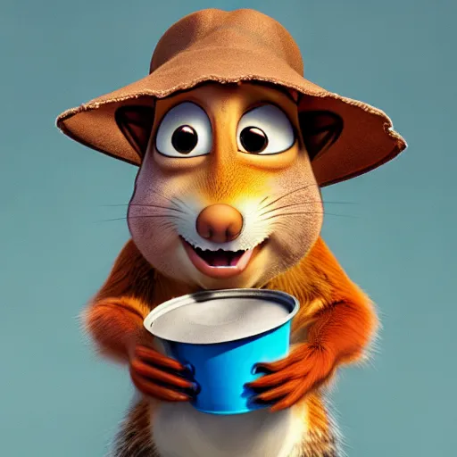 Image similar to a squirrel wearing a bucket hat. pixar.