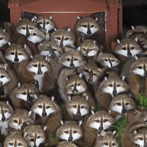 Prompt: “many raccoons in a dumpster at night, flash photo, ultra realistic, 4K”