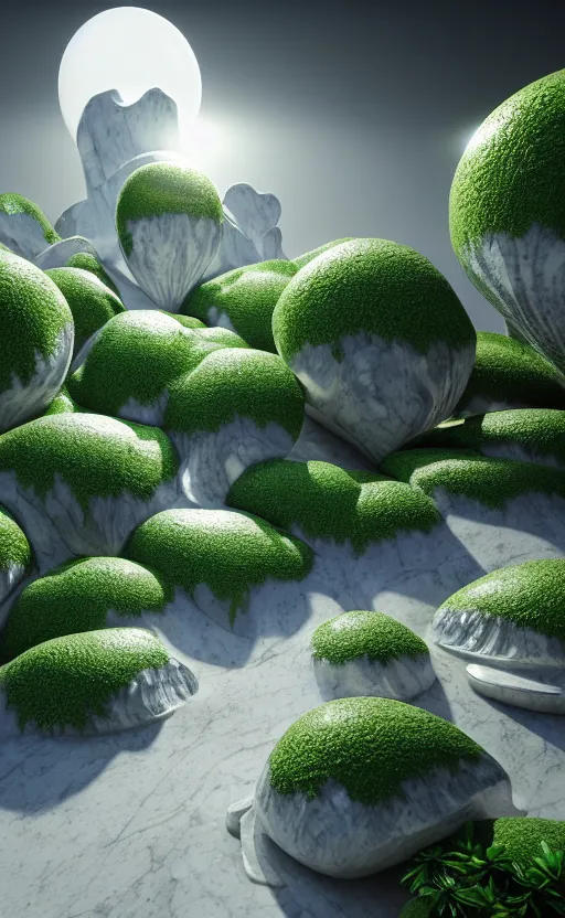 Image similar to highly detailed ultra sharp 3 d render cinematic composition of a smooth ceramic porcelain magnolia stone white fluid fractal sci - fi surreal architecture landscape, marble gold details, magnesium, foliage, archviz, vincent callebaut composition, mamou - mani, beautiful lighting, 8 k, unreal engine, hdr, dof