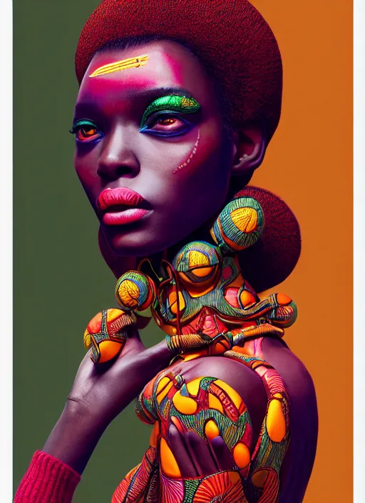 Image similar to pretty african model with hallucination avant garde : : by martine johanna and simon stalenhag and chie yoshii and casey weldon and wlop : : ornate, dynamic, particulate, rich colors, intricate, elegant, highly detailed, centered, vogue, fashion magazine, smooth, sharp focus, octane render, 8 k