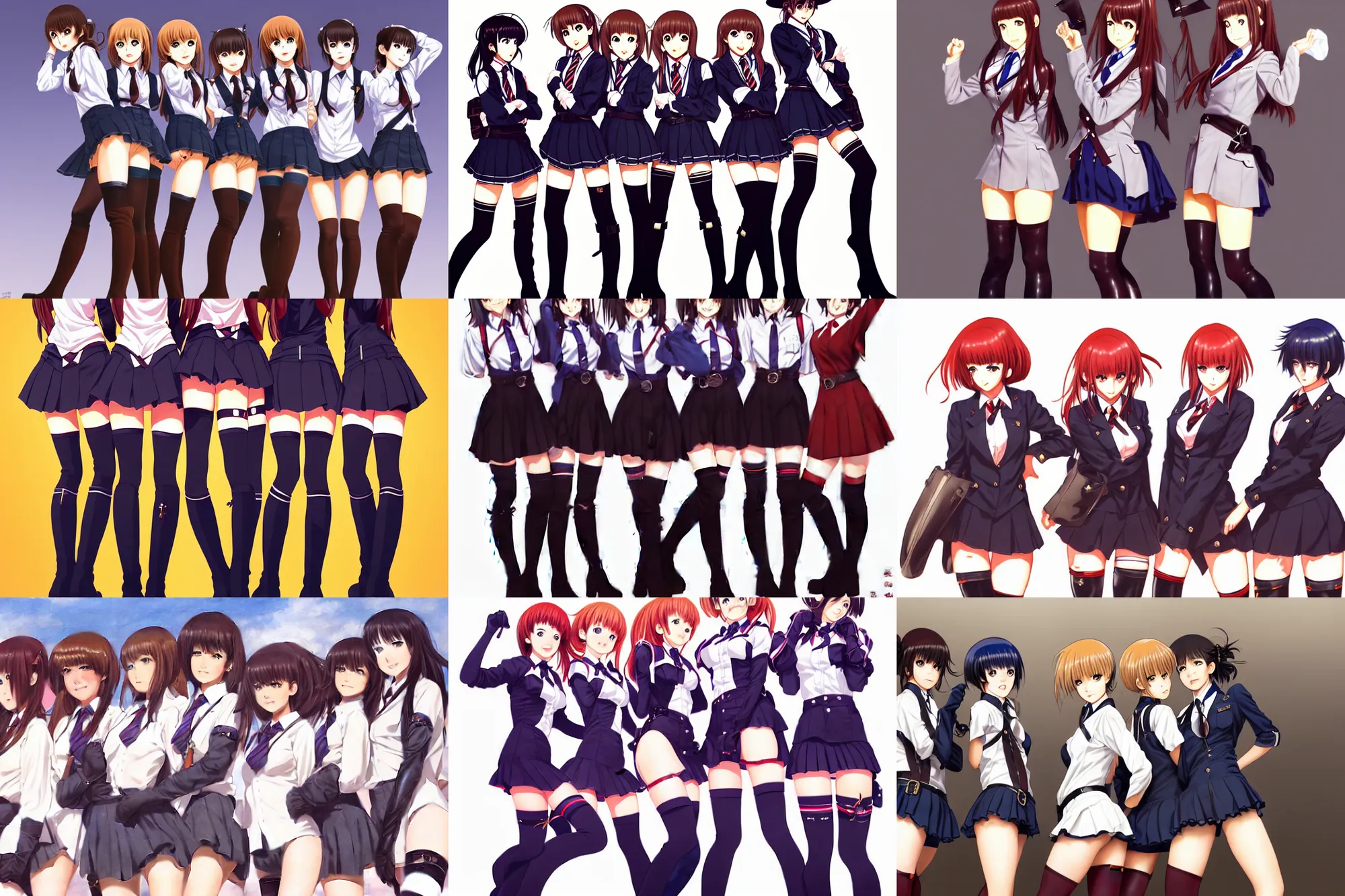 Prompt: close - up schoolgirls posing together in thigh boots. by takashi takeuchi, yoshiyuki sadamoto, amagaitaro, makoto shinkai, krenz cushart, asao urata, pixiv