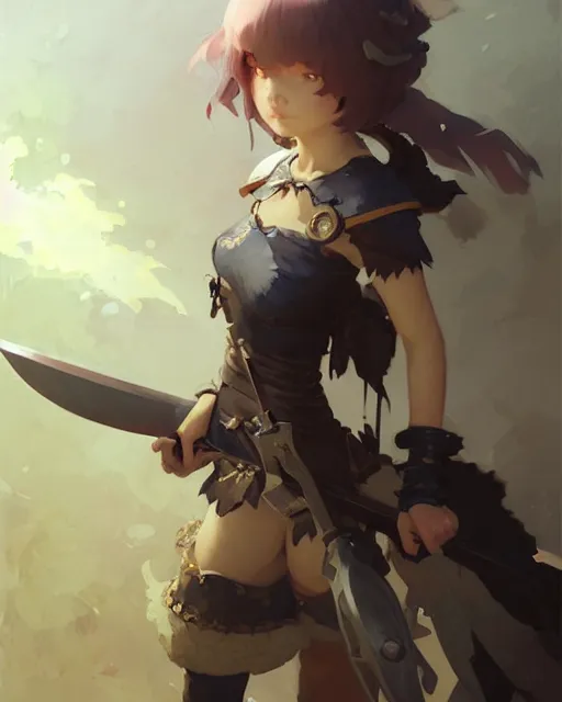 Prompt: cute girl, whitesmith, huge fantasy weapon, mechanical parts, digital painting by krenz cushart, ilya kuvshinov, akihiko yoshida, greg rutkowski, karl spitzweg. sharp focus, highly detailed, intricate background