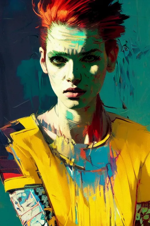 Image similar to portrait of a beautiful punk girl, complementary colors, beautiful face, rule of thirds, intricate outfit, spotlight, by greg rutkowski, by jeremy mann, by francoise nielly, by van gogh, digital painting