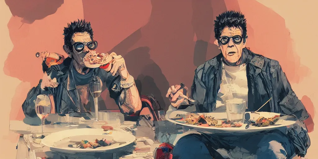 Prompt: cartoonish lou reed eating dinner, vivid colors, character sheet, fine details, concept design, contrast, kim jung gi, greg rutkowski, trending on artstation, 8 k, full body, turnaround, front view, back view, ultra wide angle