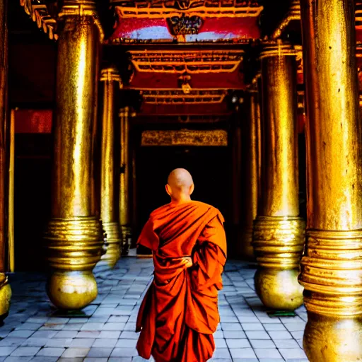 Prompt: Higj quality photo of a monk in a blissfull temple, 50 mm, Canon Mark II