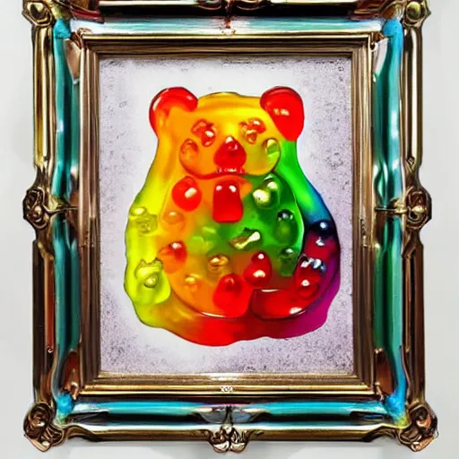 Prompt: a gummy bear painting in the style of salvador dali