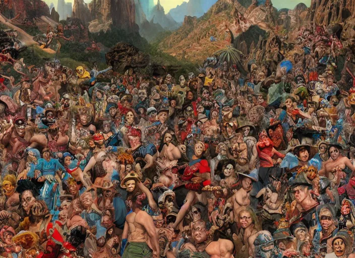 Prompt: where's waldo, lowbrow, matte painting, 3 - d highly detailed, in the style of frank frazetta,