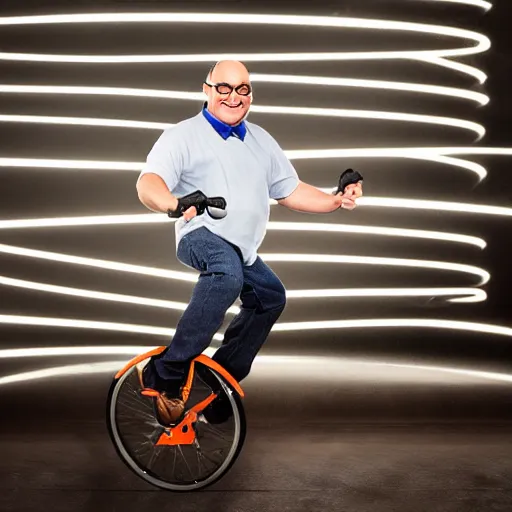 Image similar to george costanza riding a unicycle and juggling, joyful smile on face, spotlight lighting, professional photograph, 4 k