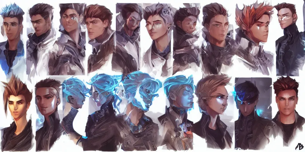 Prompt: concept art of young male netrunner d & d video game characters head designs, unique hair designs, by marc brunet and artgerm