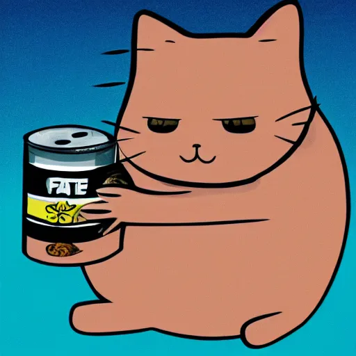 Image similar to a fat cat eating Canned tuna, digital art