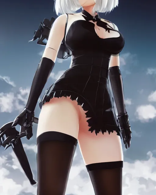 Image similar to Beautiful full body portrait of 2b, nier automata wearing short clothes, cinematic 8k, high detailed