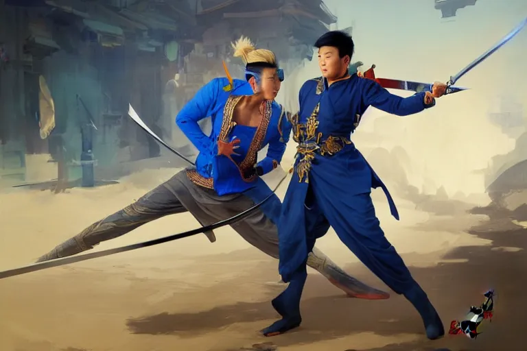 Prompt: an asian man with a sword charging at a blond man in a blue suit with a sword, organic painting, sunny day, matte painting, bold shapes, hard edges, street art, trending on artstation, by huang guangjian, gil elvgren, ruan jia, randy vargas, greg rutkowski