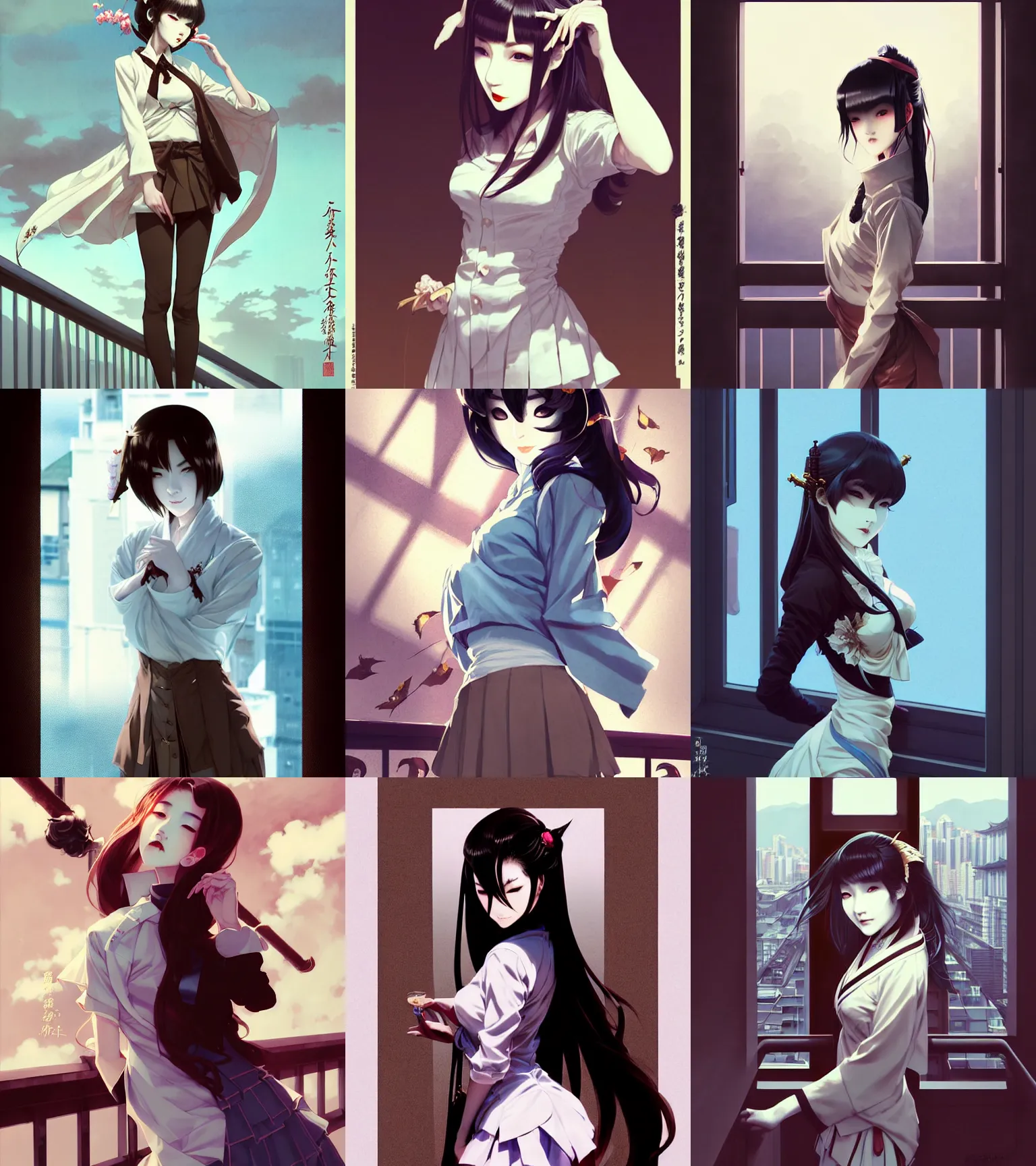 Prompt: portrait of a beautiful alluring immortal japanese vampire wearing japanese school uniform. standing on a kowloon balcony by wlop, by greg rutkowski, by greg tocchini, by james gilleard, by joe fenton, by kaethe butcher, by rick wade art, dramatic lighting, gradient light blue, brown, blonde cream and white color scheme, grunge aesthetic
