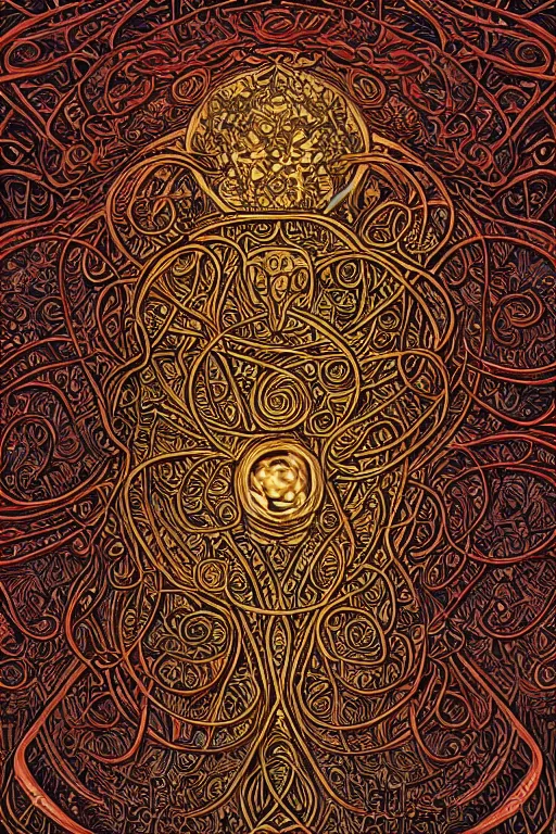 Image similar to an intricate background design with deep and intricate rune stones and rubies bursting flowers, and twisting intricate golden linework lovecraftian by dan mumford, atomic stars, digital art, photorealistic, highly detailed, intricate