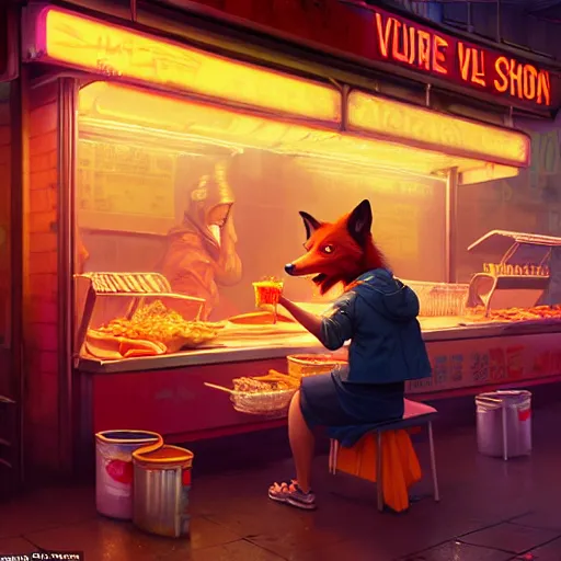 Image similar to splash art of anthropomorphic female vulpes vulpes fulva woman sitting at a noodle stand eating noodles in the crowded street of a cyberpunk city, rain, harsh neon lighting, realistic ultra detailed : by weta, greg rutkowski, wlop, ilya kuvshinov, rossdraws, artgerm, octane render, liosh, mucha