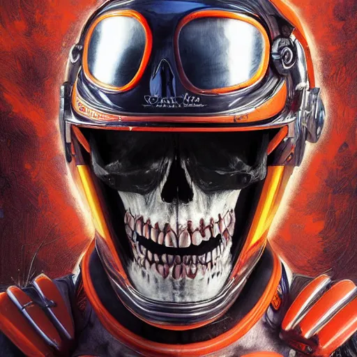 Image similar to a portrait of a skull with vampire teeth, in an orange racing helmet by sandra chevrier, detailed render, epic composition, cybernetics, 4 k realistic, cryengine, realistic shaded lighting, sharp focus, masterpiece, by matteo scalera, gary montalbano, peter elson in the style of the tokyo ghost comic