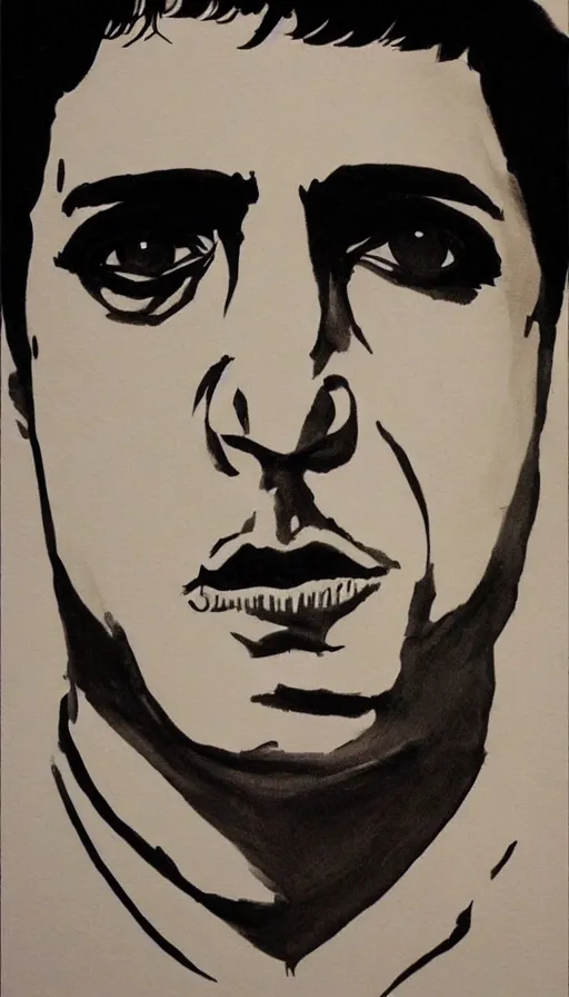 Image similar to close up. perfect symmetric face, coherent symmetric eyes. detailed face. tony montana from movie scarface. ink paint