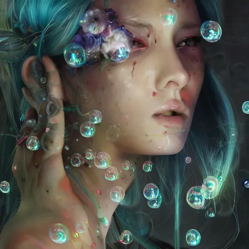 Image similar to a painting of a woman with bubbles in her hair, cyberpunk art by yoshitaka amano, cgsociety, fantasy art, detailed painting, made of flowers, fantasy