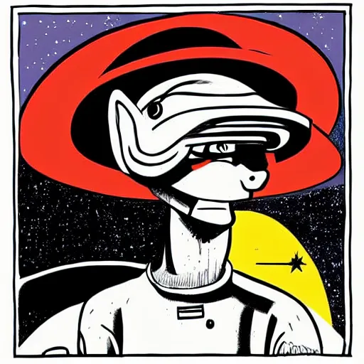 Prompt: horse in space wearing a hat, jamie hewlett